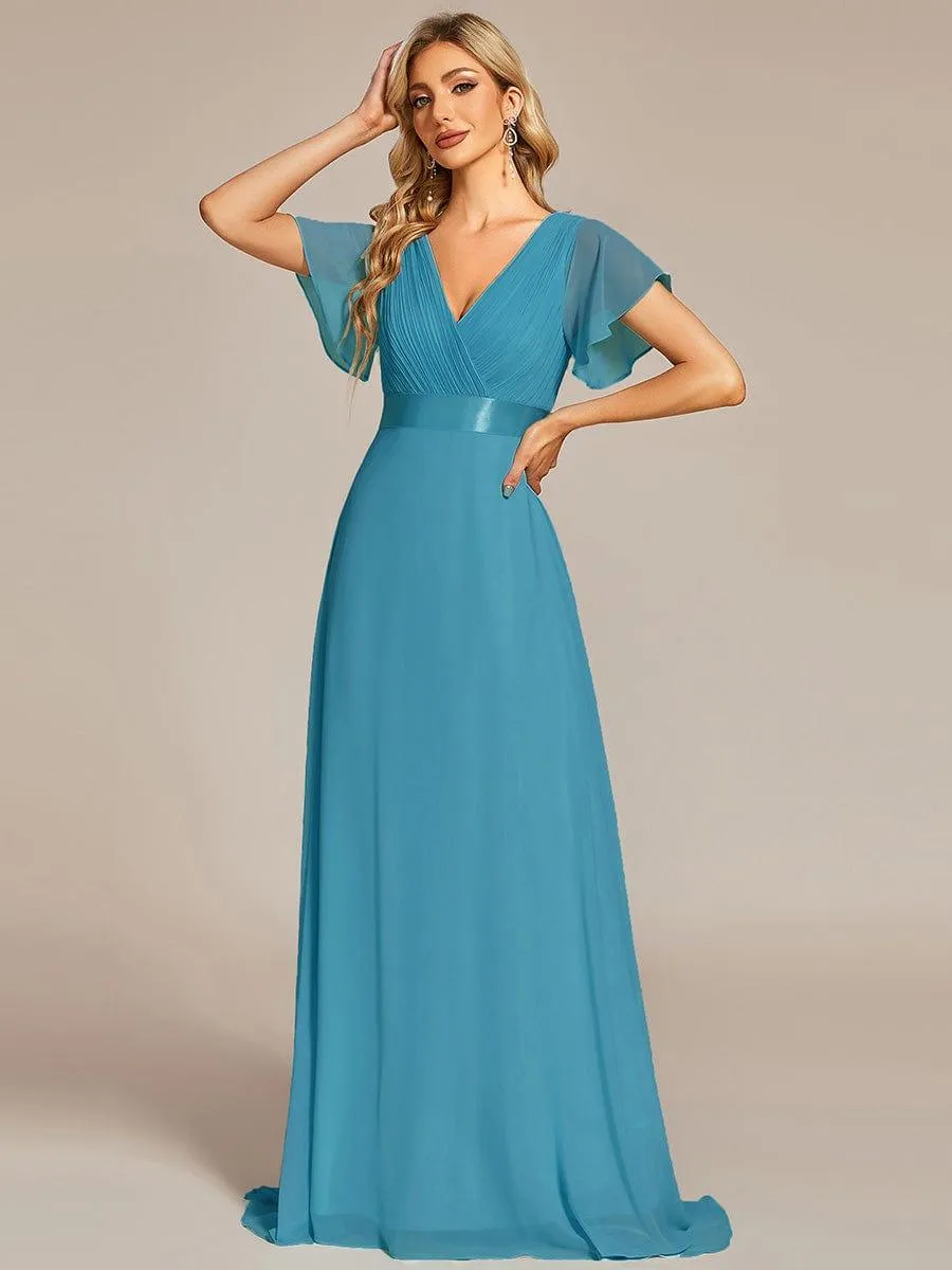 Monica | Long Empire Waist Bridesmaid Dress with Short Flutter Sleeves