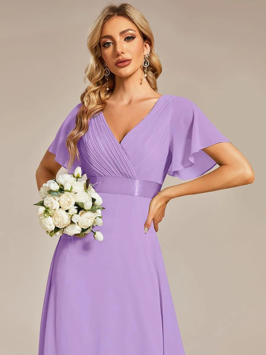 Monica | Long Empire Waist Bridesmaid Dress with Short Flutter Sleeves