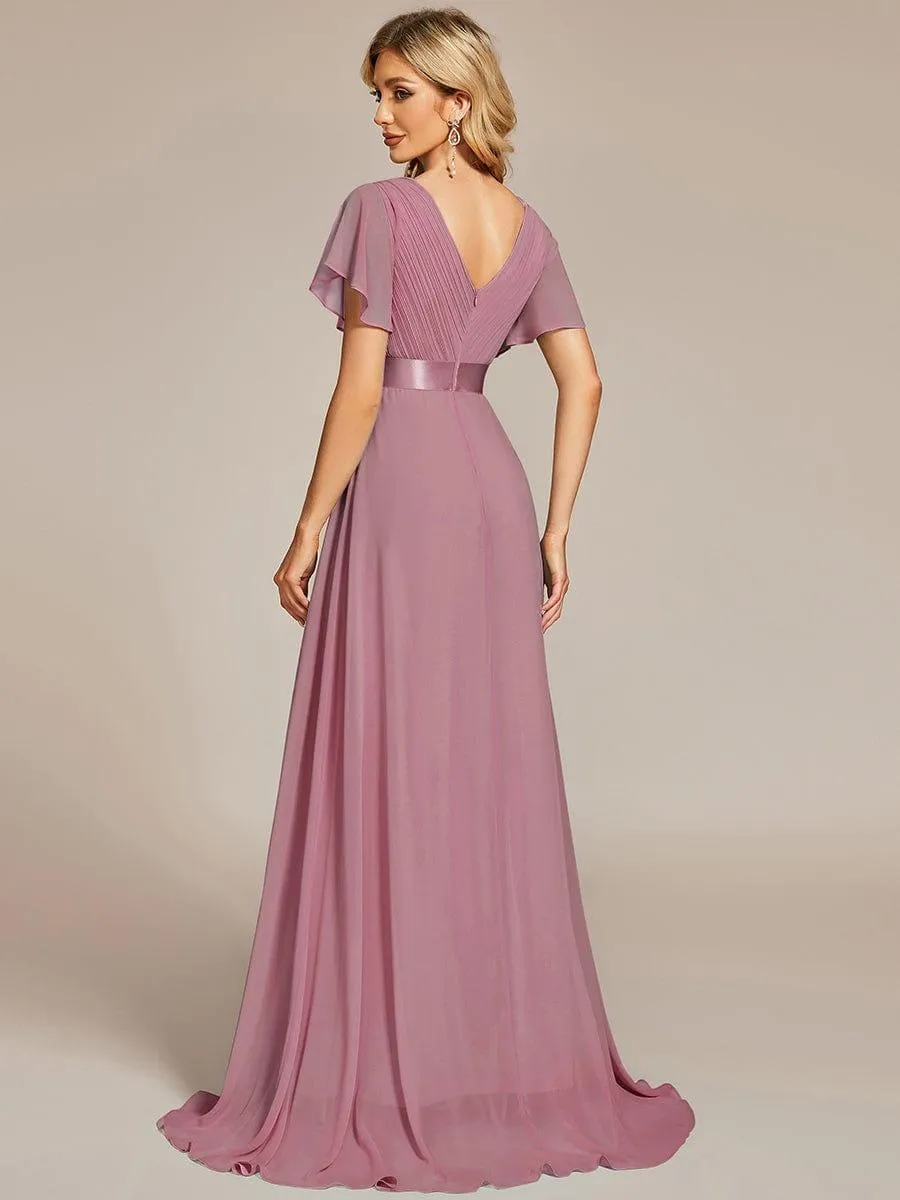 Monica | Long Empire Waist Bridesmaid Dress with Short Flutter Sleeves