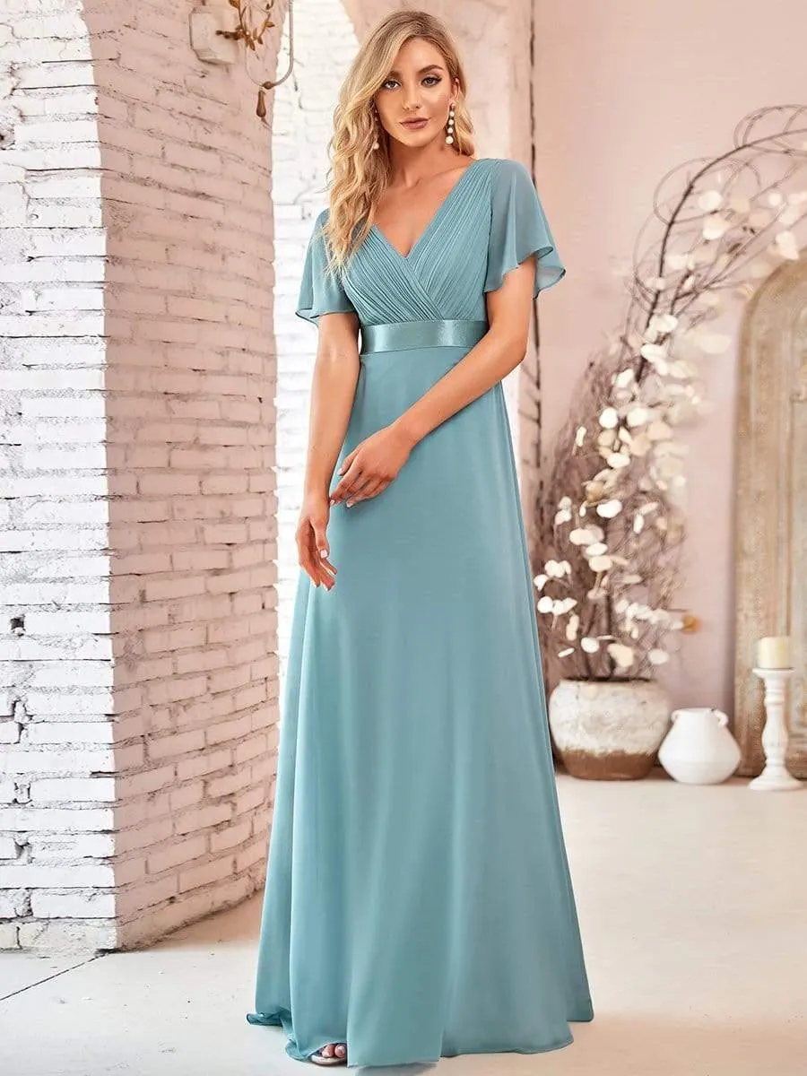 Monica | Long Empire Waist Bridesmaid Dress with Short Flutter Sleeves