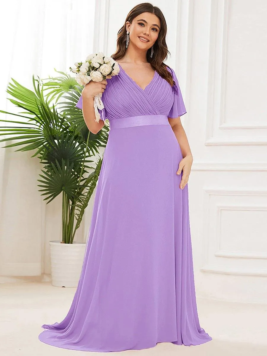 Monica | Long Empire Waist Bridesmaid Dress with Short Flutter Sleeves