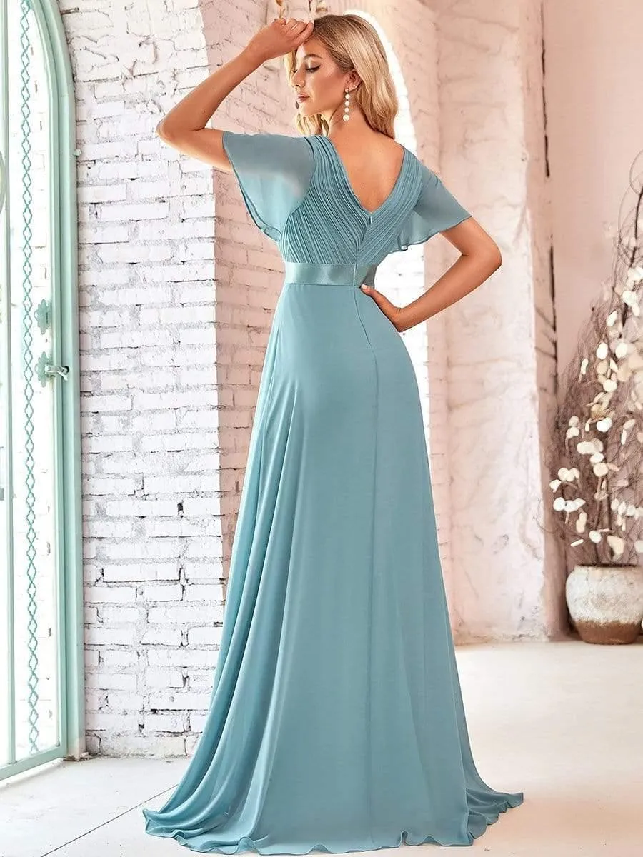 Monica | Long Empire Waist Bridesmaid Dress with Short Flutter Sleeves