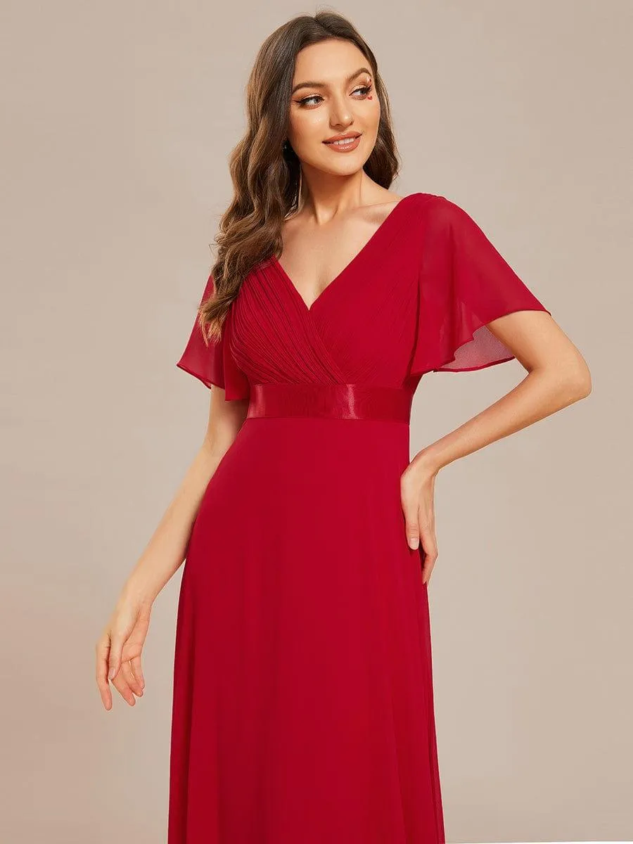 Monica | Long Empire Waist Bridesmaid Dress with Short Flutter Sleeves