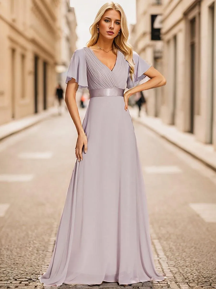 Monica | Long Empire Waist Bridesmaid Dress with Short Flutter Sleeves