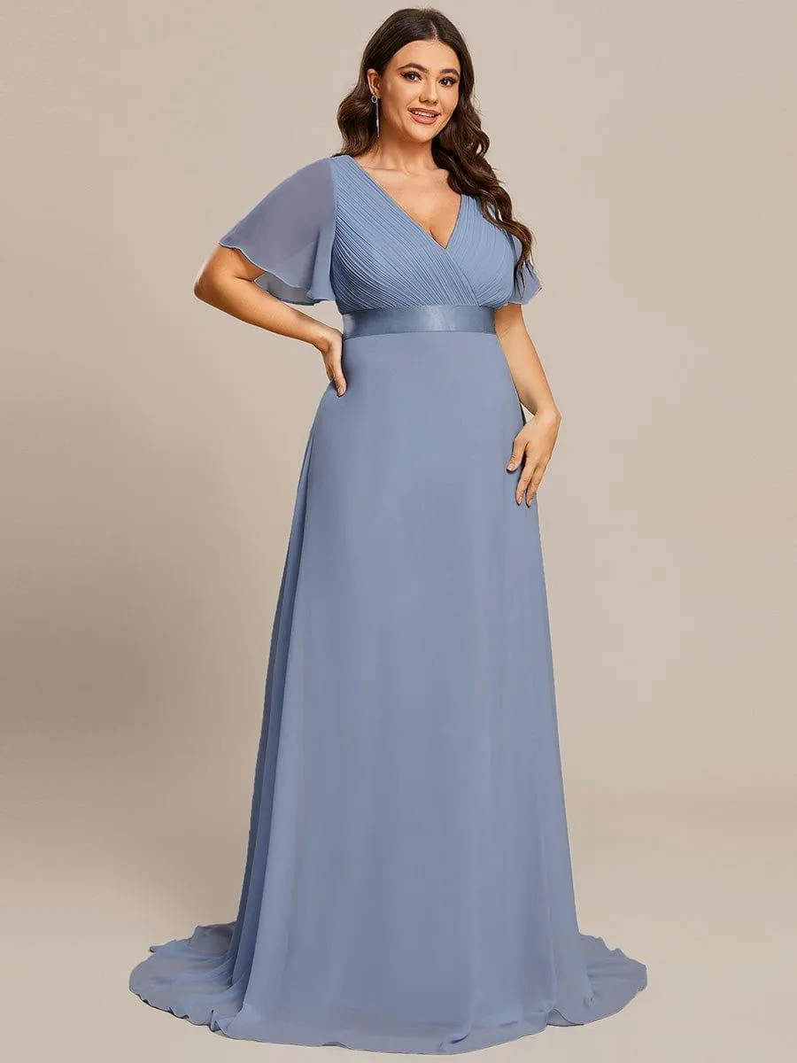 Monica | Long Empire Waist Bridesmaid Dress with Short Flutter Sleeves