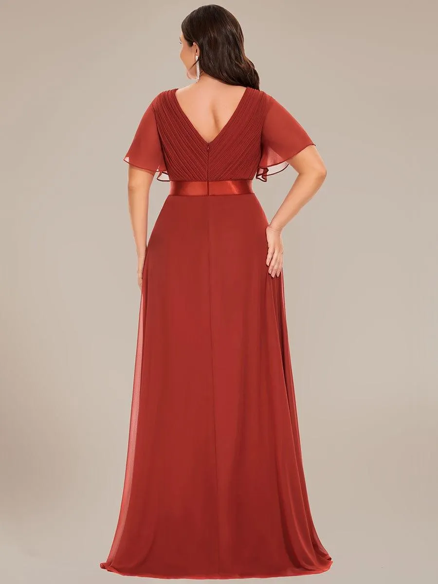 Monica | Long Empire Waist Bridesmaid Dress with Short Flutter Sleeves