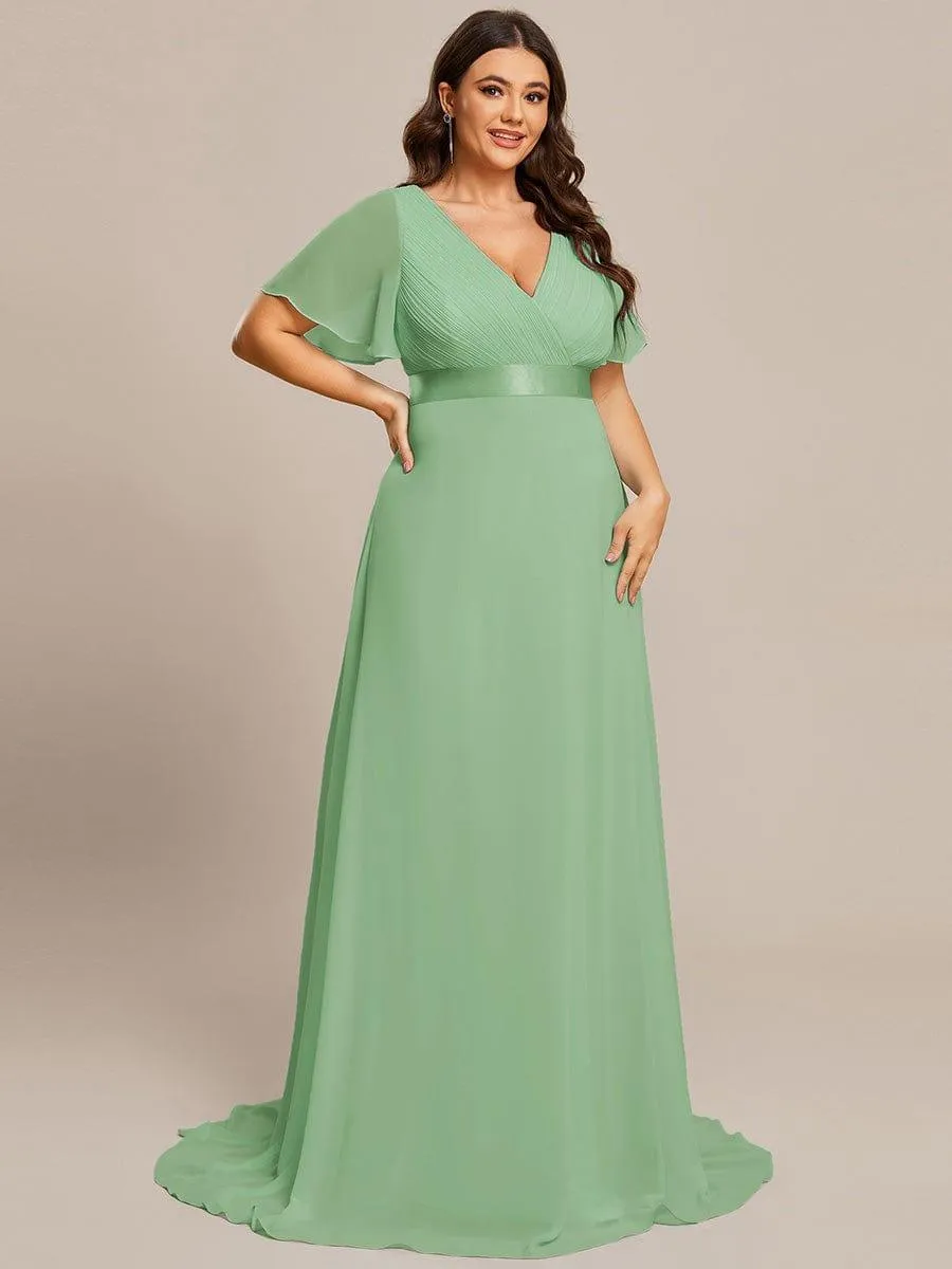 Monica | Long Empire Waist Bridesmaid Dress with Short Flutter Sleeves