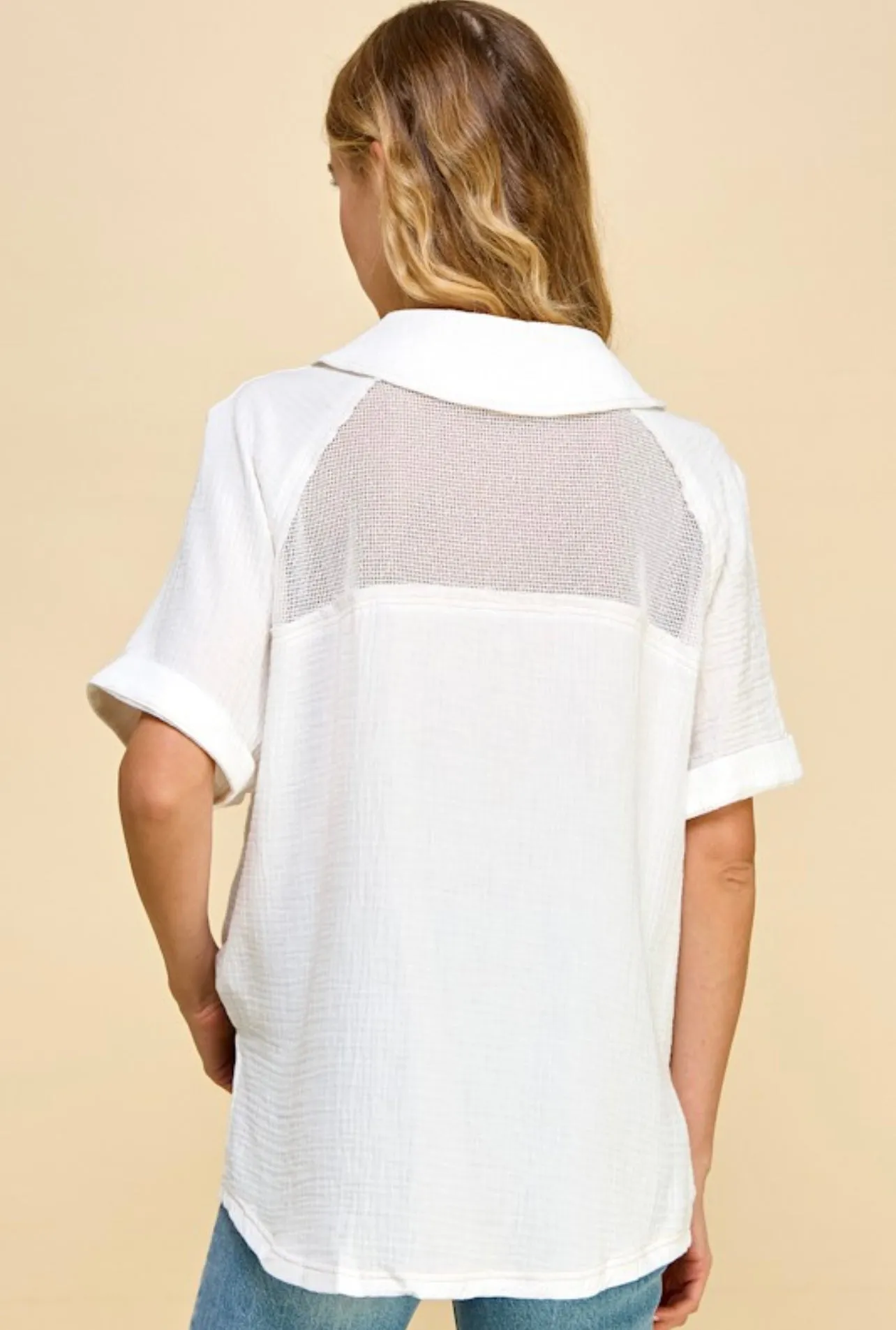 Netted Yoke Button up Shirt Off White