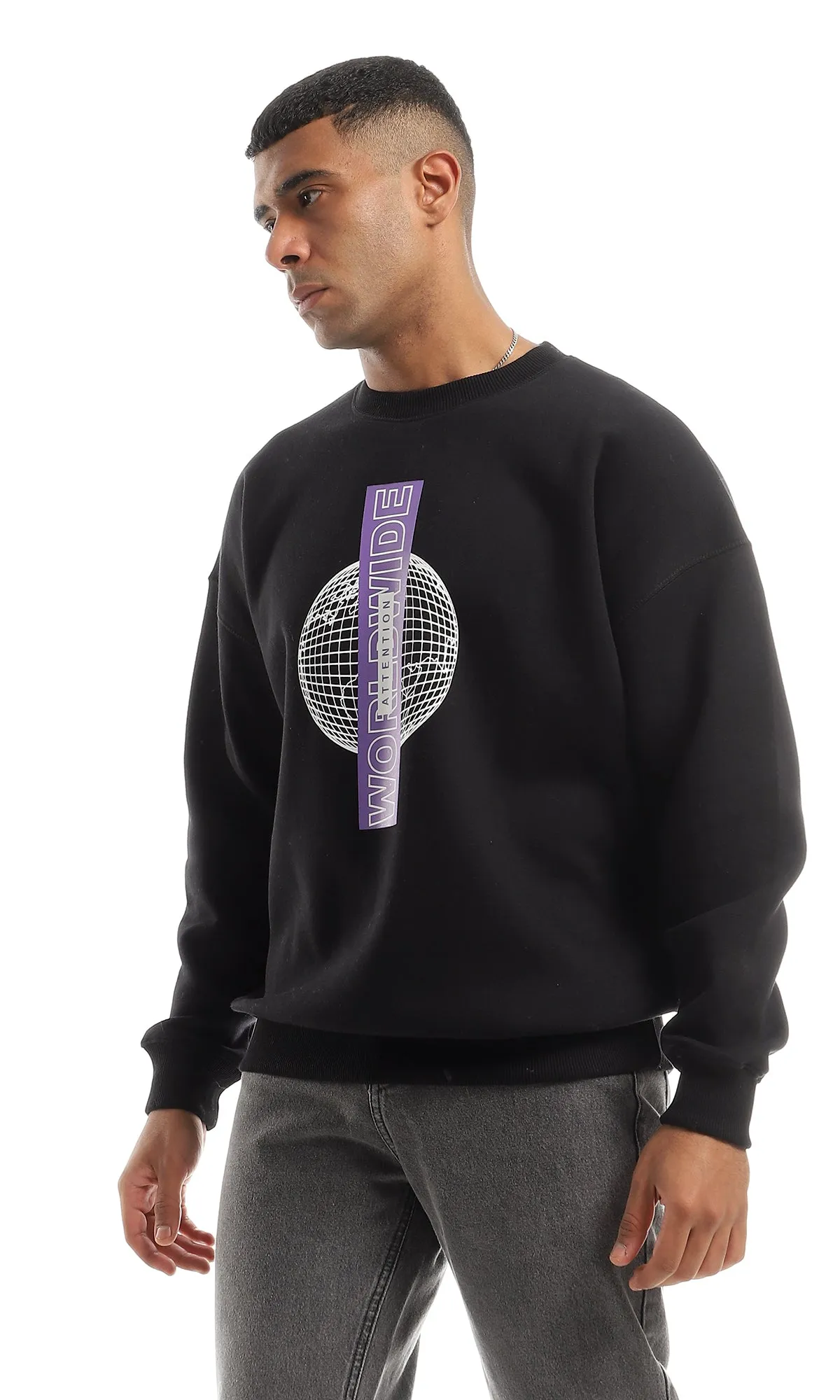 O152898 "Worldwide Attention" Printed Fleece Black Sweatshirt