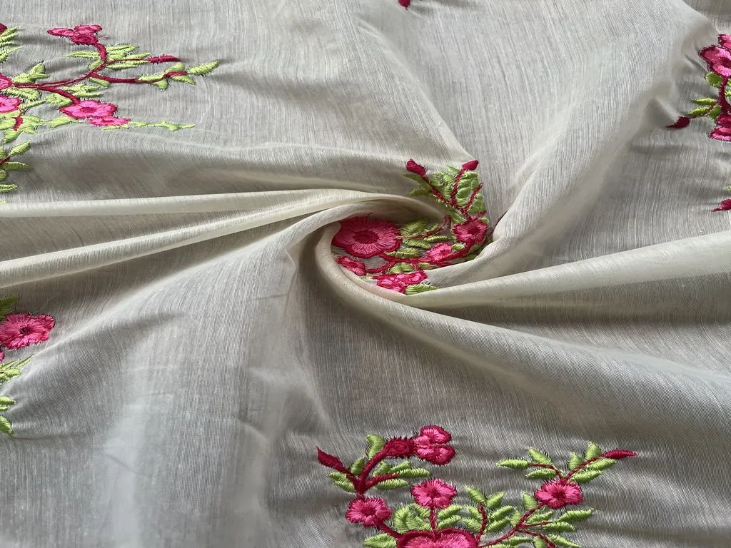 Off White Motifs Embroidered Chanderi Fabric