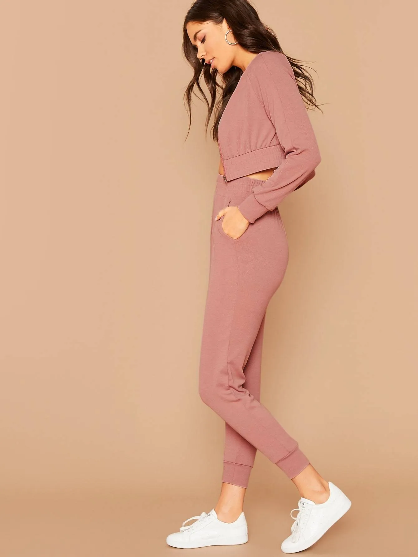 Pastel Pink Stand Collar Raglan Sleeve Bomber Jacket & Joggers Set