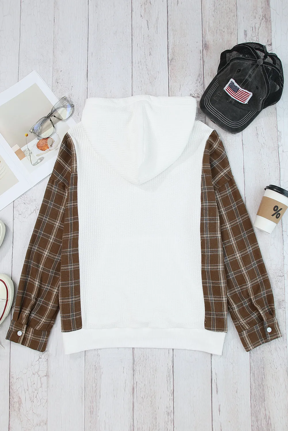 Plaid Sleeve Kangaroo Pocket Hoodie