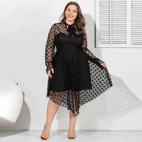 Plus Size Lace Mesh Long Sleeve A-Line Polka Dot Maxi Dress