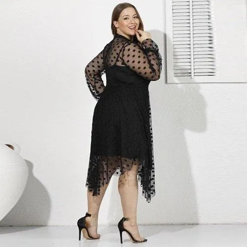 Plus Size Lace Mesh Long Sleeve A-Line Polka Dot Maxi Dress