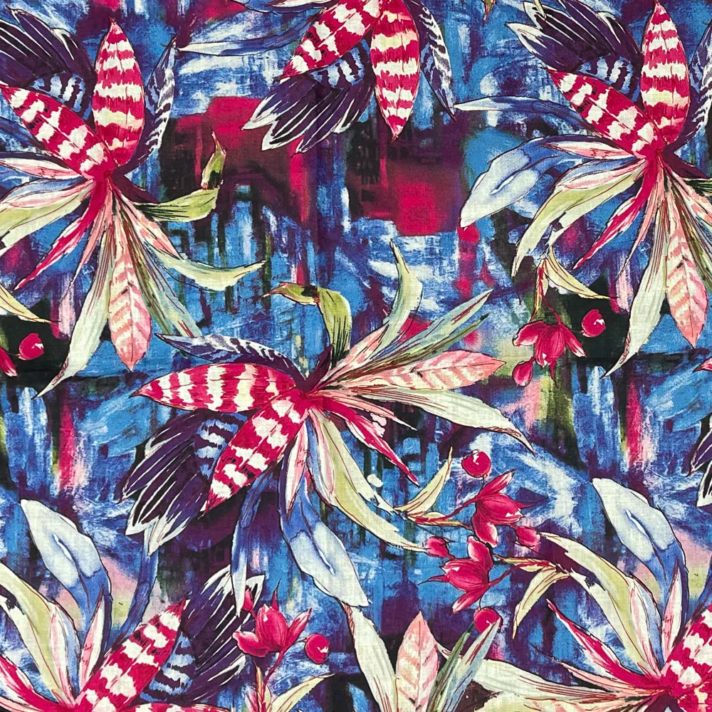 Purple-Fuchsia-Multi Tropical Leaf and Floral Art Print Linen Woven Fabric