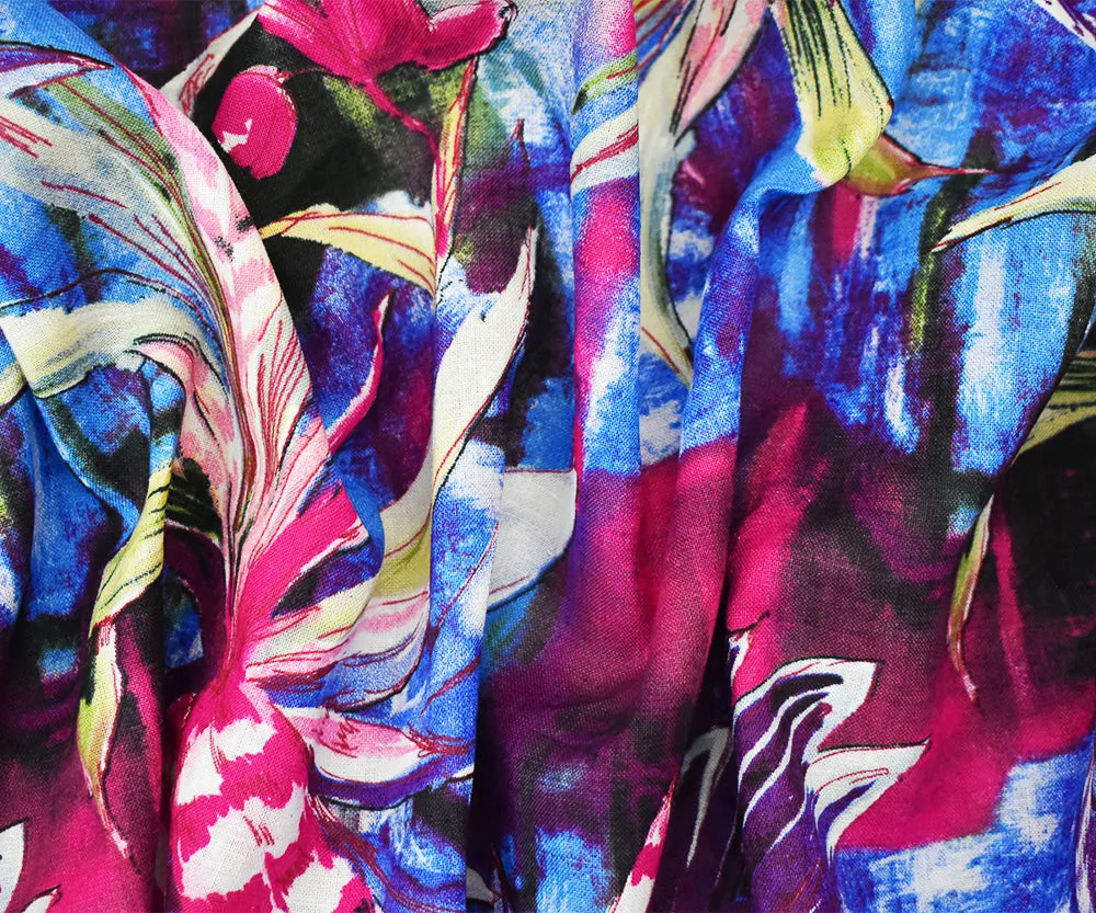 Purple-Fuchsia-Multi Tropical Leaf and Floral Art Print Linen Woven Fabric