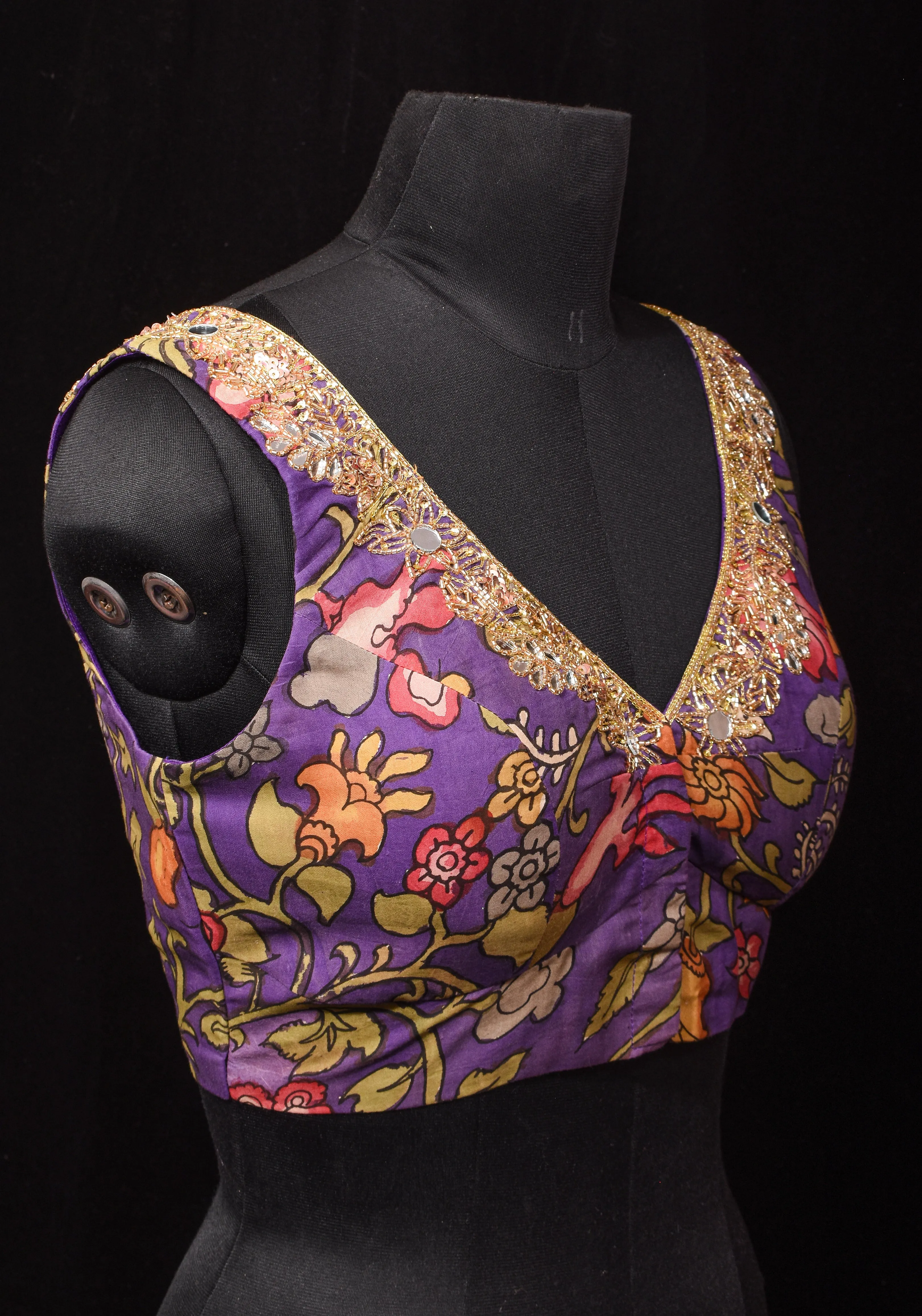 Purple Pure Pen Kalamkari Sleeveless Blouse with Mirror and Cutdana handworked embellishments, customizable, made-to-order