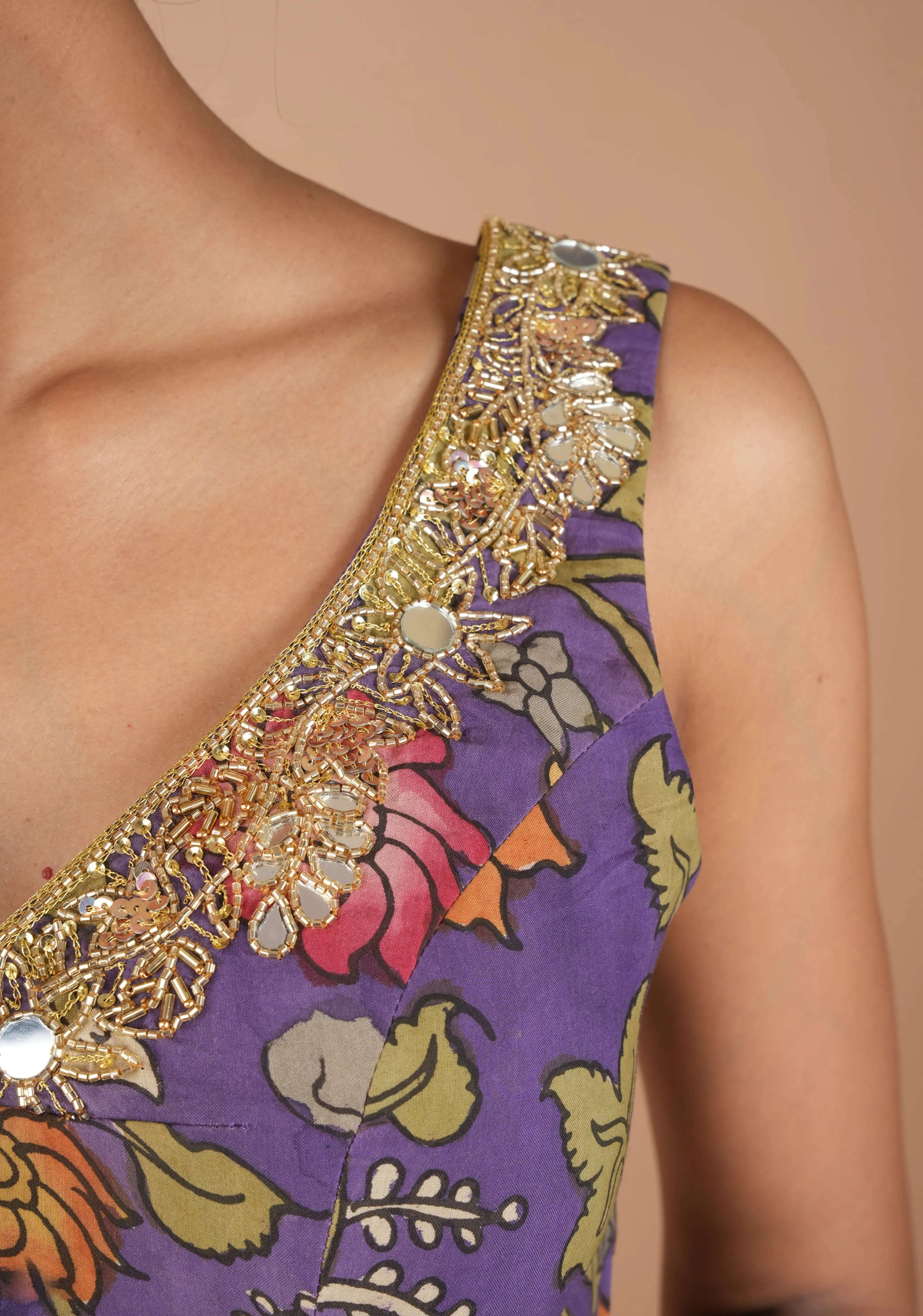 Purple Pure Pen Kalamkari Sleeveless Blouse with Mirror and Cutdana handworked embellishments, customizable, made-to-order