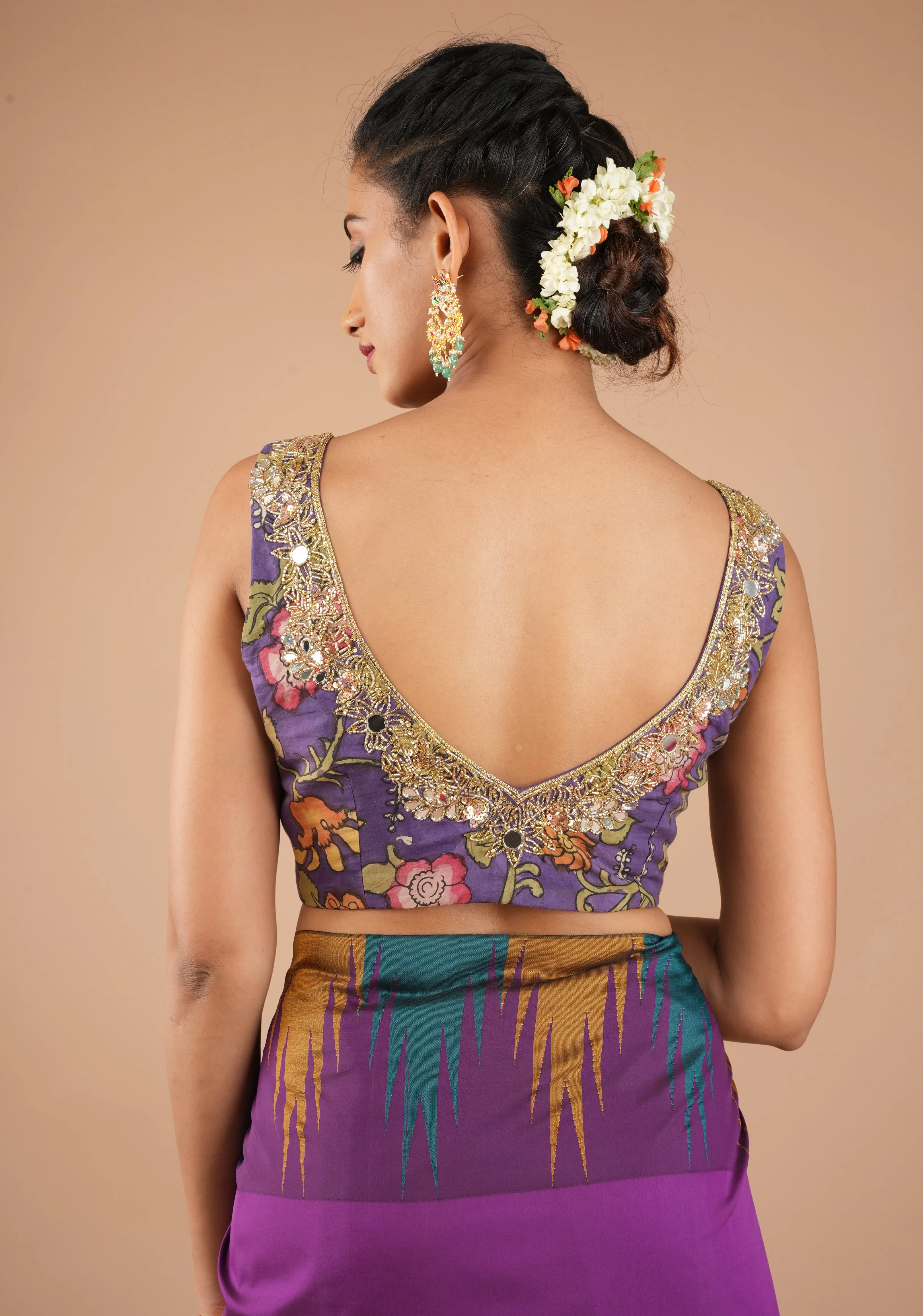 Purple Pure Pen Kalamkari Sleeveless Blouse with Mirror and Cutdana handworked embellishments, customizable, made-to-order