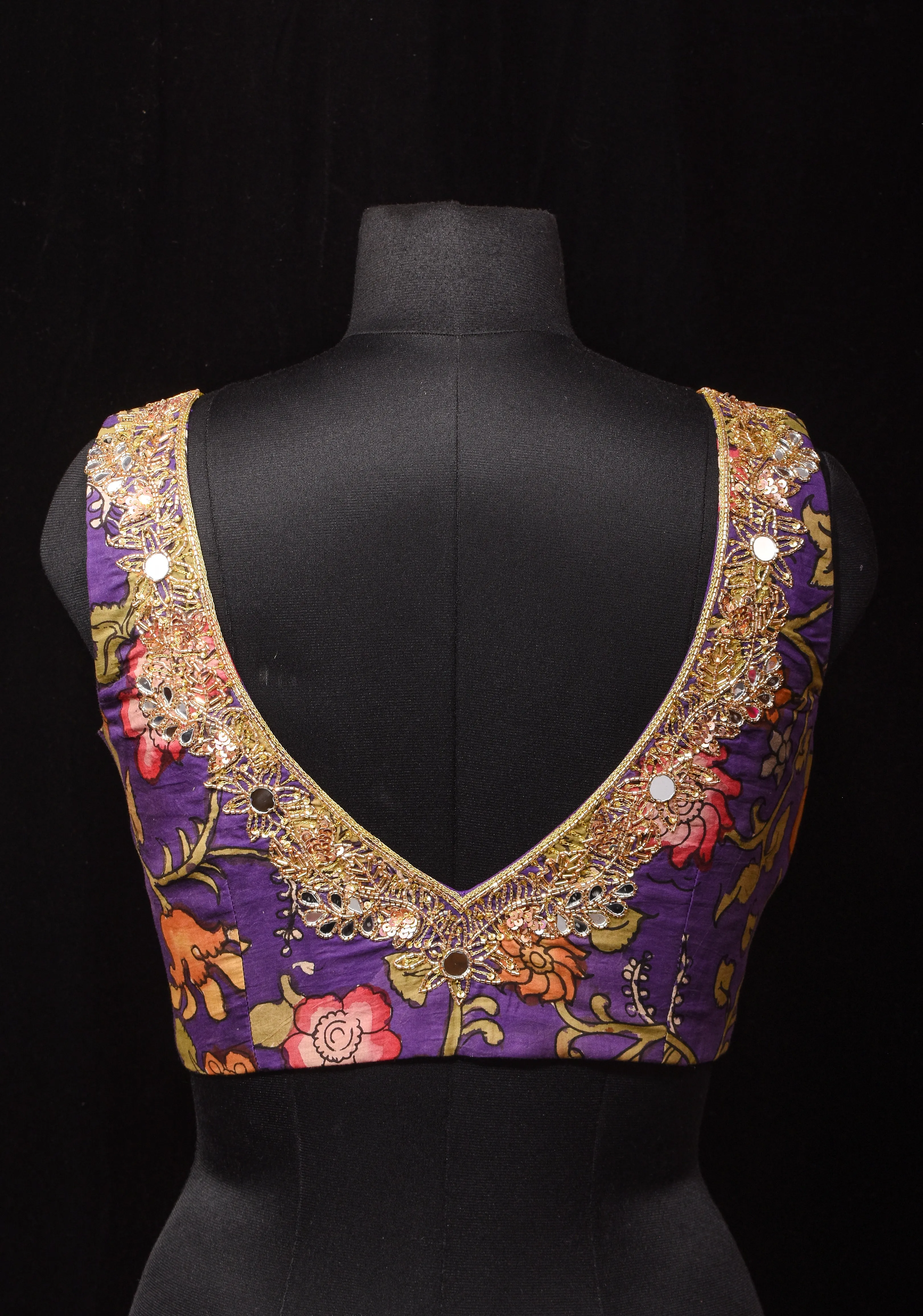 Purple Pure Pen Kalamkari Sleeveless Blouse with Mirror and Cutdana handworked embellishments, customizable, made-to-order