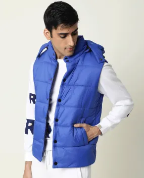 Rare Rabbit Men's Depot Blue Plain Sleeveless Detachable Hood Puffer Jacket