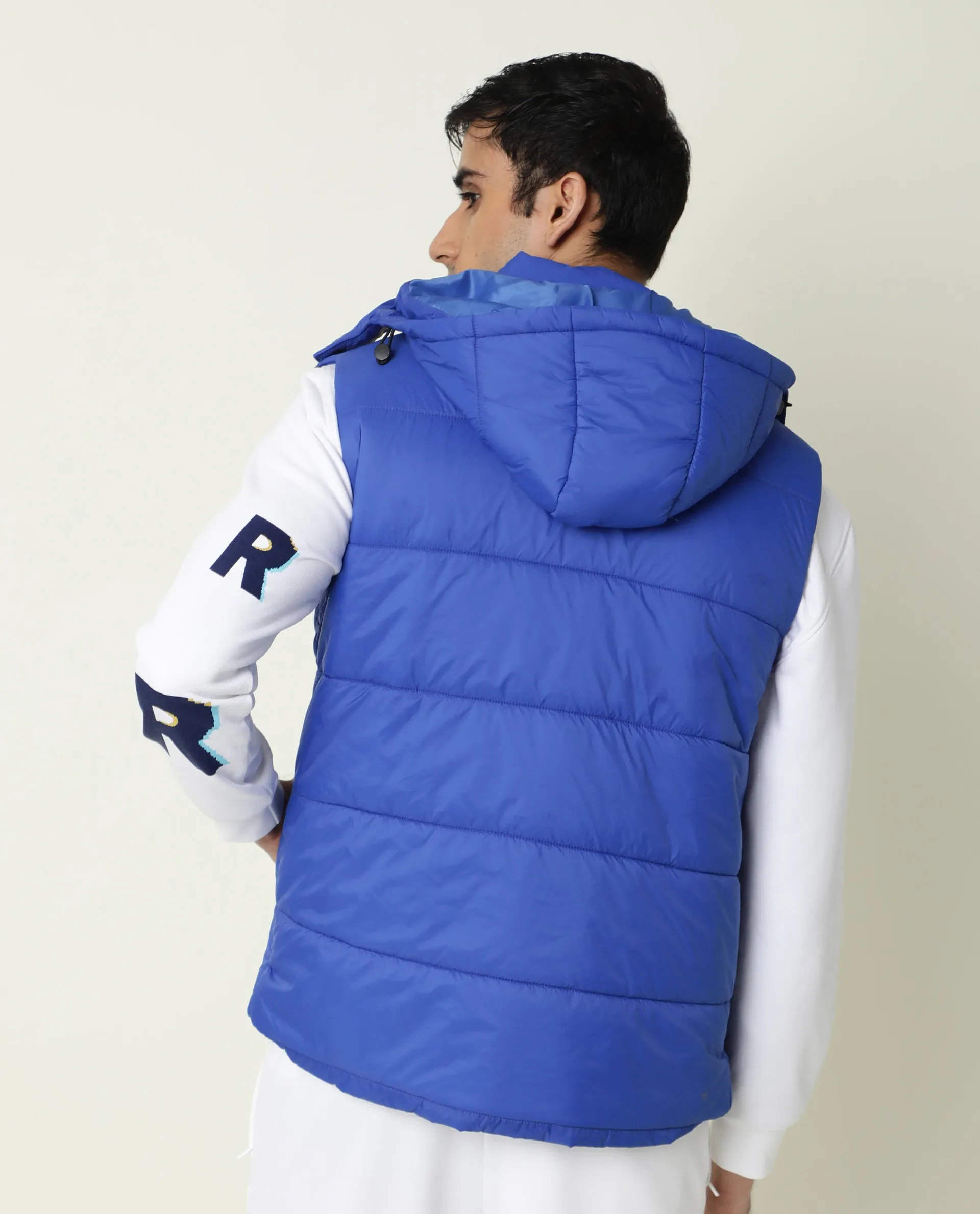 Rare Rabbit Men's Depot Blue Plain Sleeveless Detachable Hood Puffer Jacket