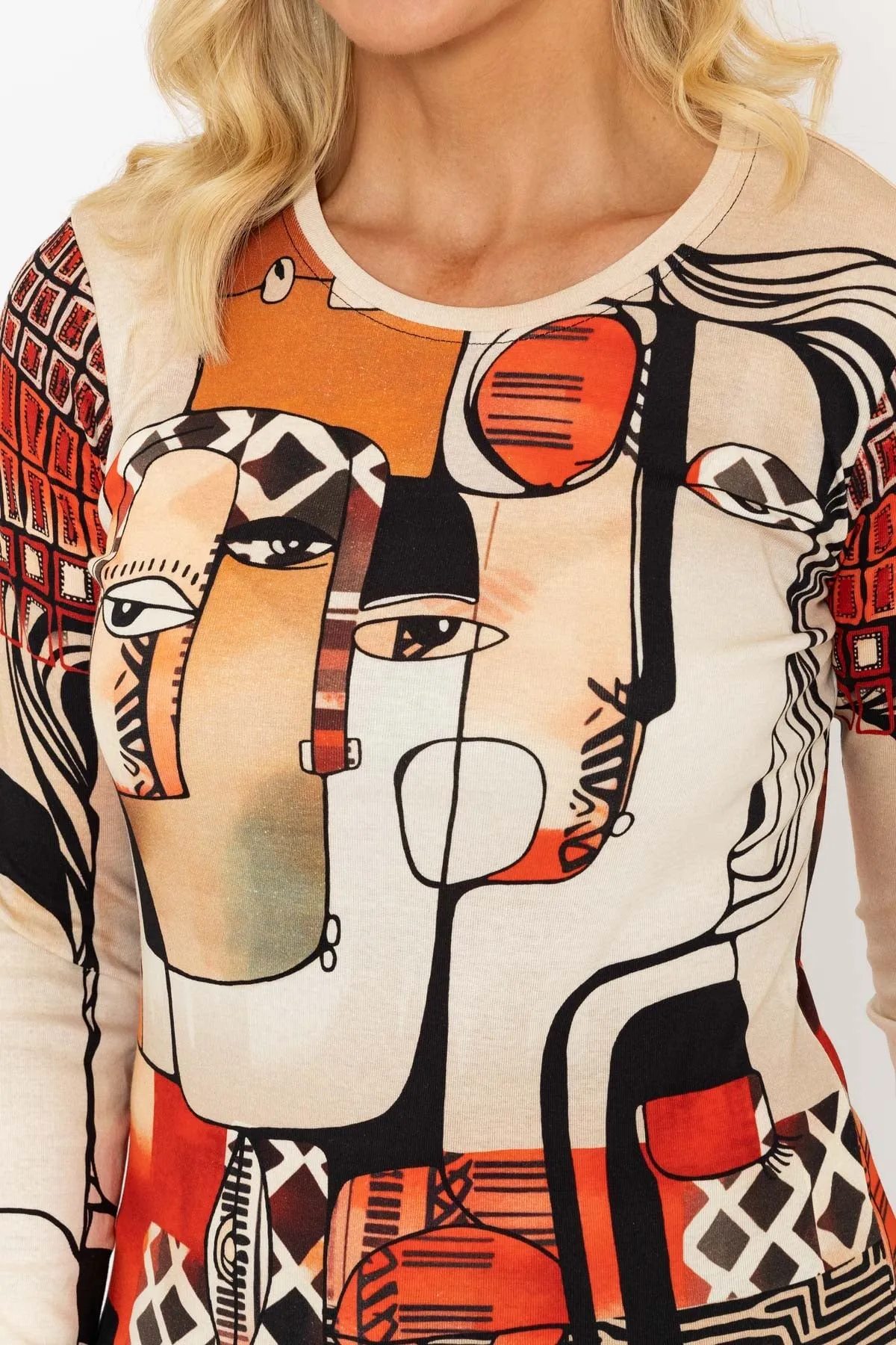 Red Abstract Portrait Print Long Sleeve Top