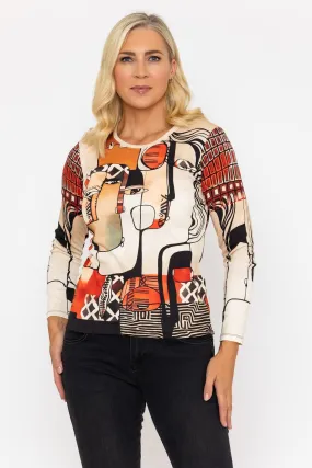 Red Abstract Portrait Print Long Sleeve Top