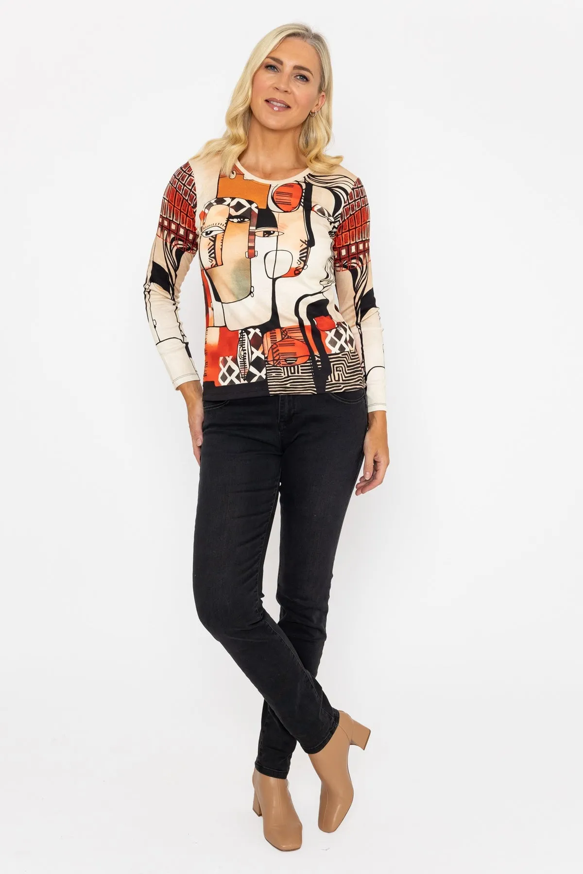 Red Abstract Portrait Print Long Sleeve Top