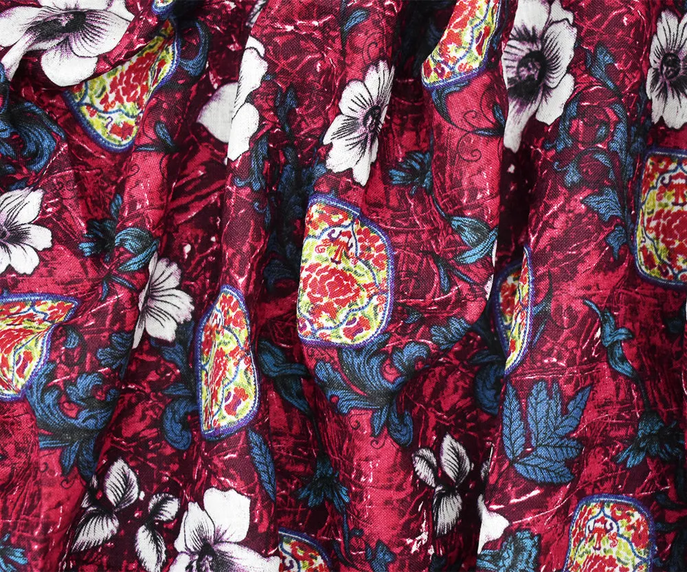 Red-Blue-Purple Floral Leaf Art Printed Linen Woven Fabric