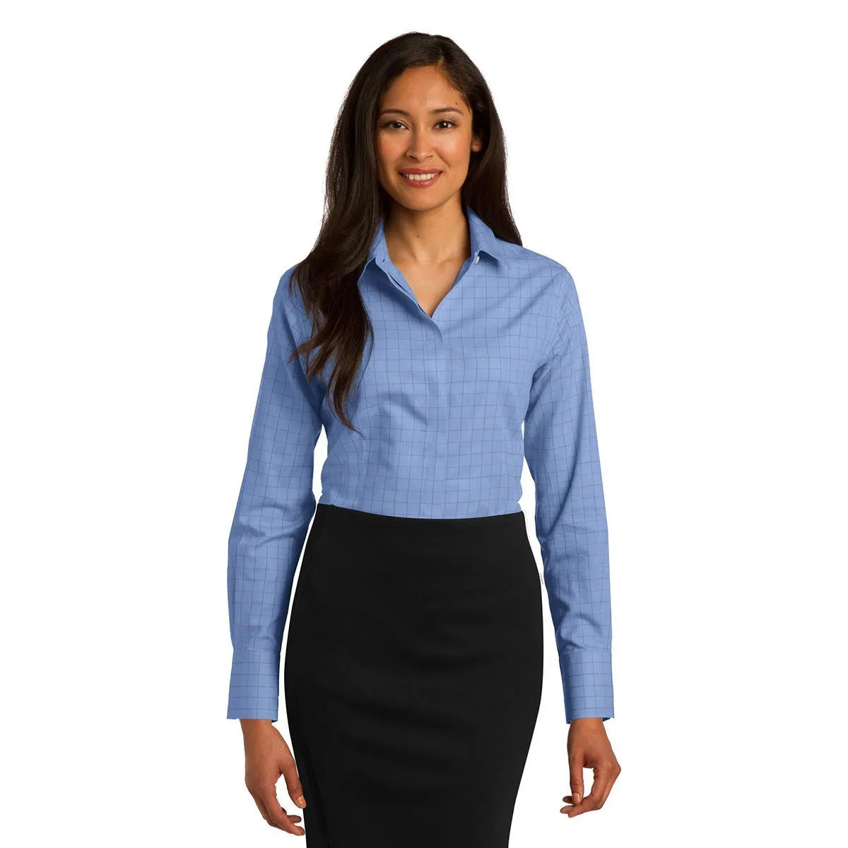 Red House Women's Blue Windowpane Plaid Non-Iron Shirt