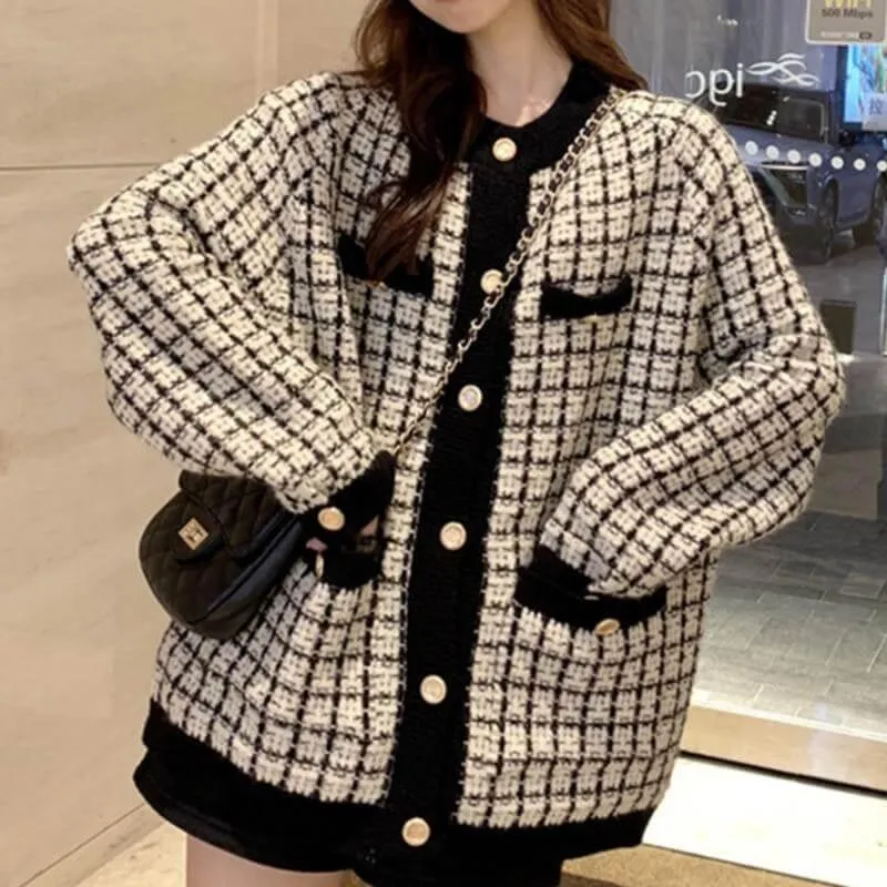 Retro Plaid Oversized Cardigan Sweater for Women