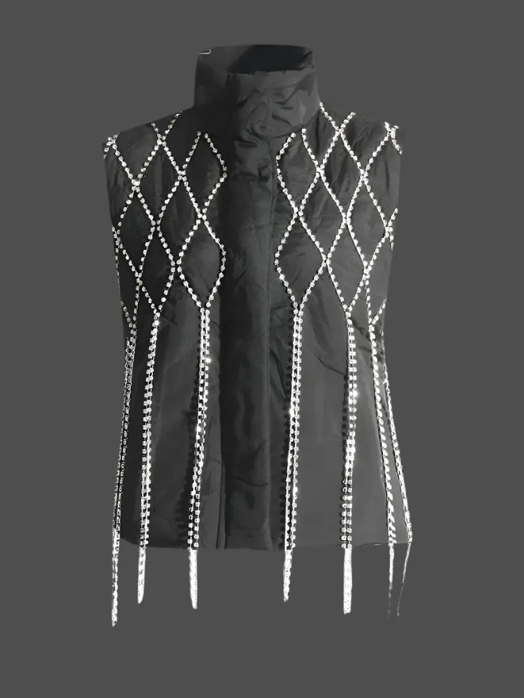 Rhinestone Tassel Zip Up Vest