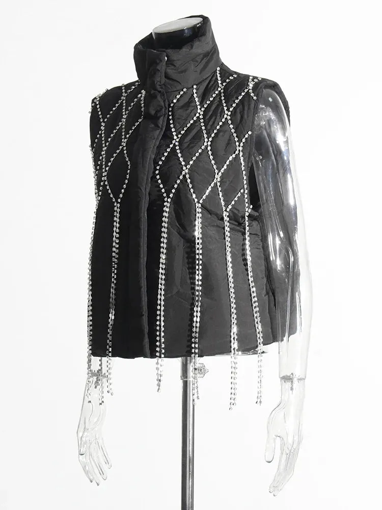 Rhinestone Tassel Zip Up Vest