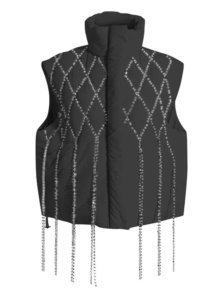 Rhinestone Tassel Zip Up Vest