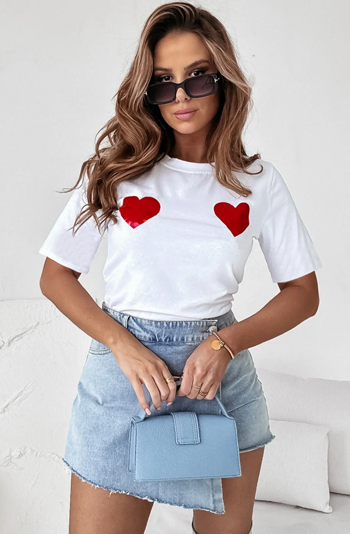 Samida Twin Heart Graphic Printed T. Shirt Top-Ivory