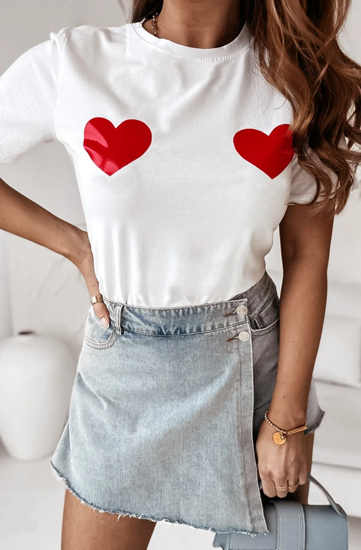 Samida Twin Heart Graphic Printed T. Shirt Top-Ivory