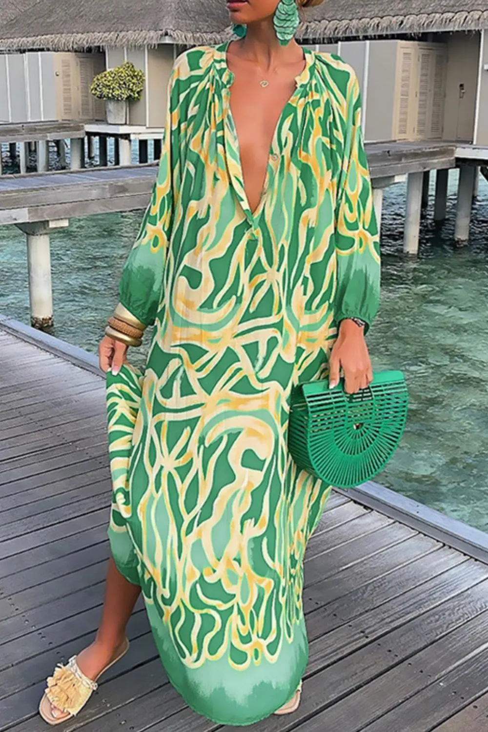 Sara Abstract Print Kaftan Sleeve Dress