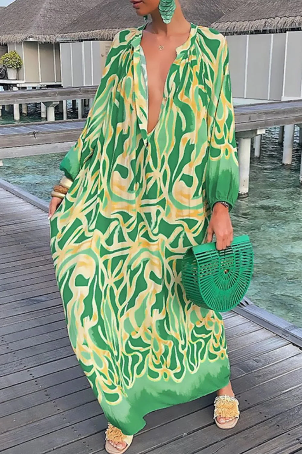 Sara Abstract Print Kaftan Sleeve Dress