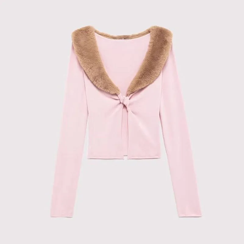 Sexy Faux Fur Collar Deep V Neck Twist Front Split Long Sleeve Cropped Knit Cardigan