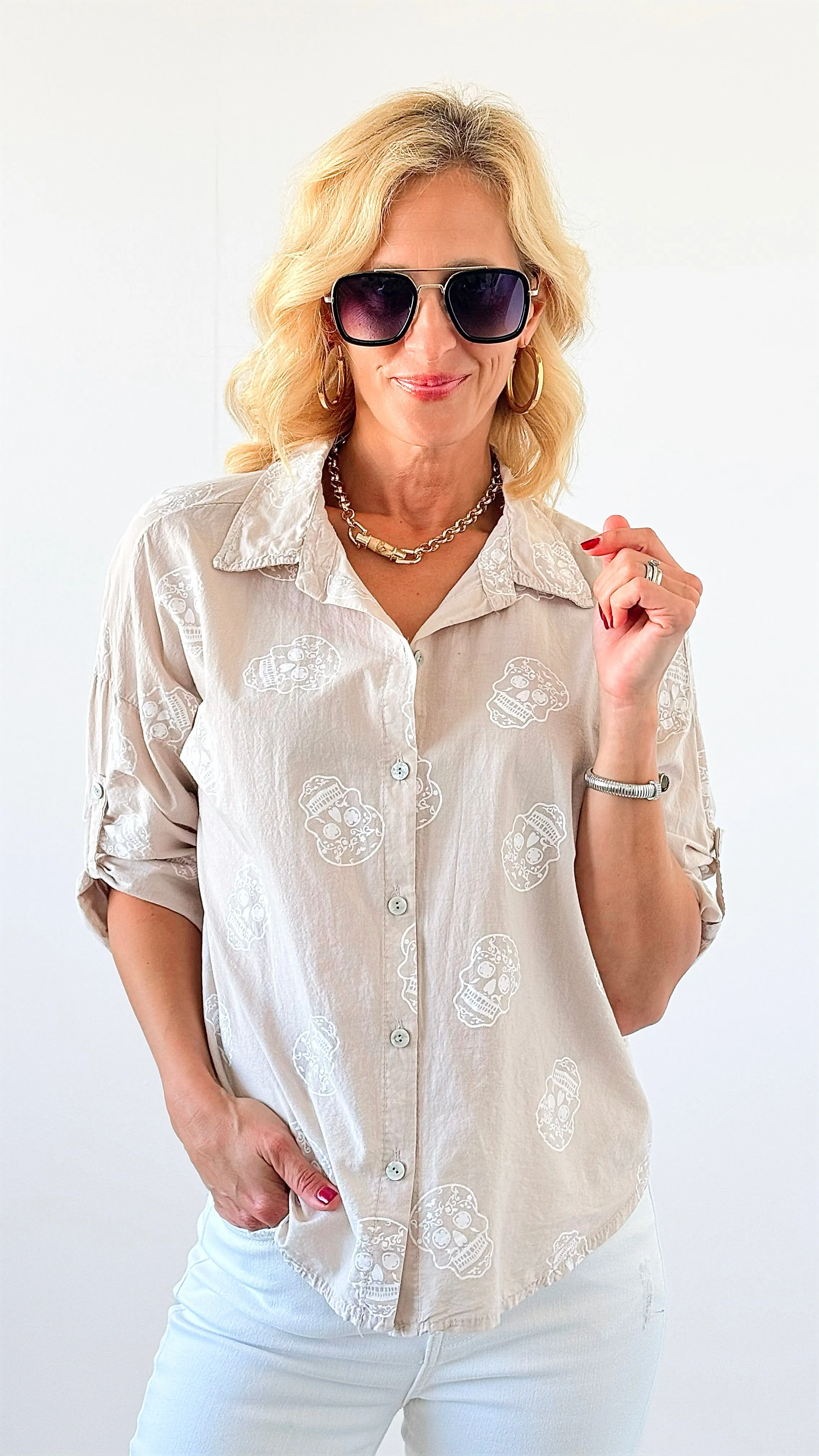 Skull Print Button-Up Blouse