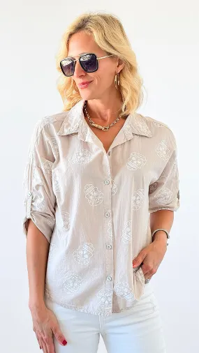 Skull Print Button-Up Blouse