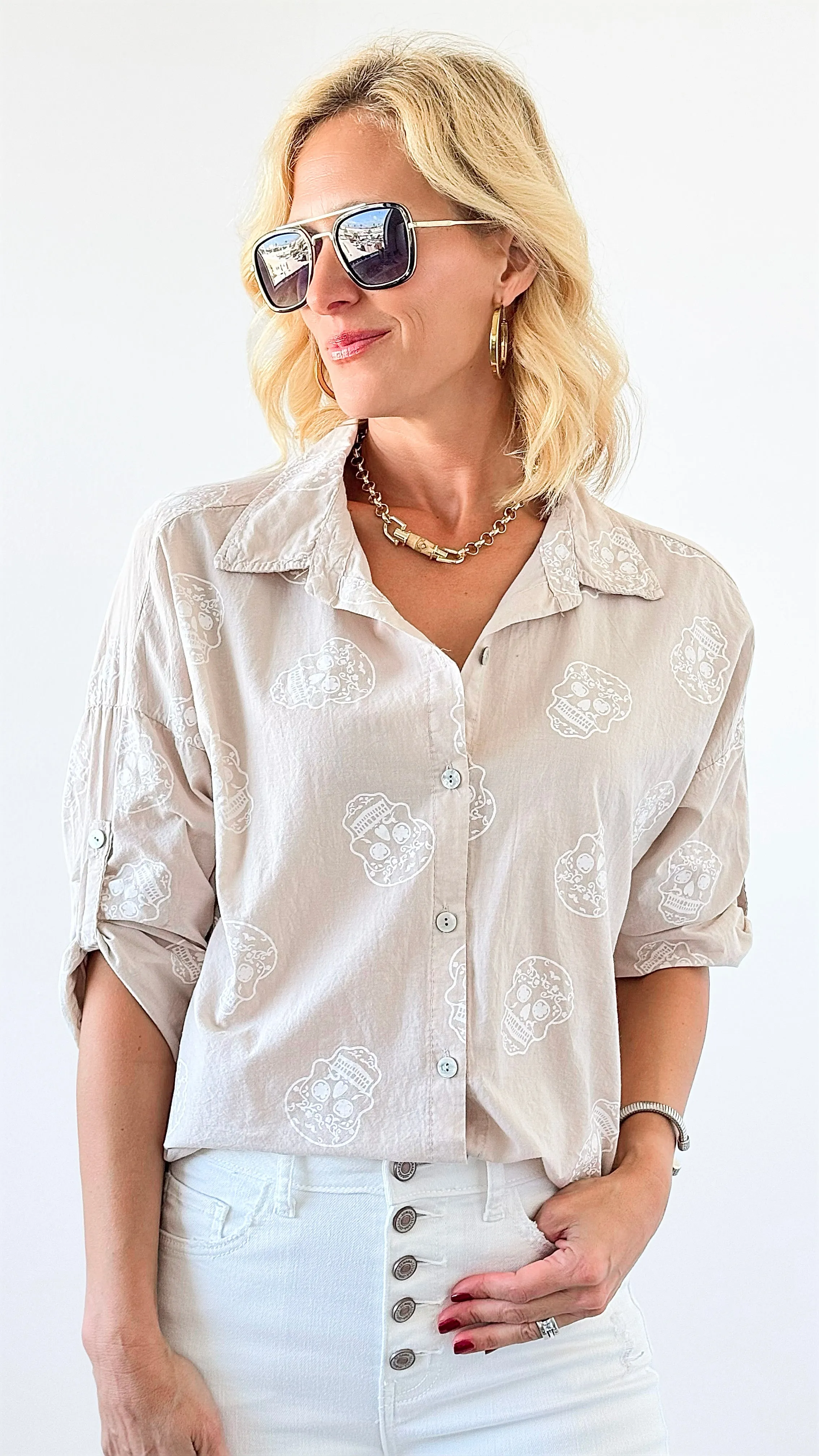 Skull Print Button-Up Blouse