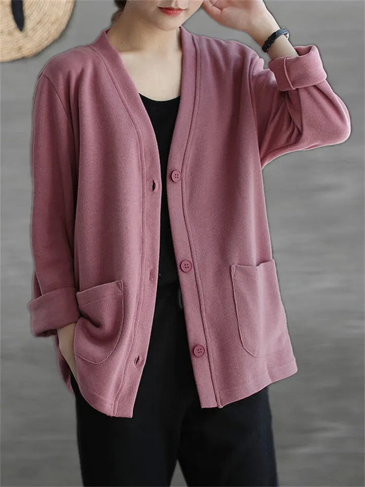 Solid Color V Neck Button Jackets For Lady