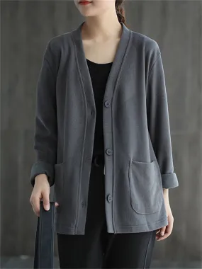 Solid Color V Neck Button Jackets For Lady