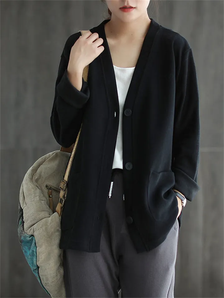 Solid Color V Neck Button Jackets For Lady