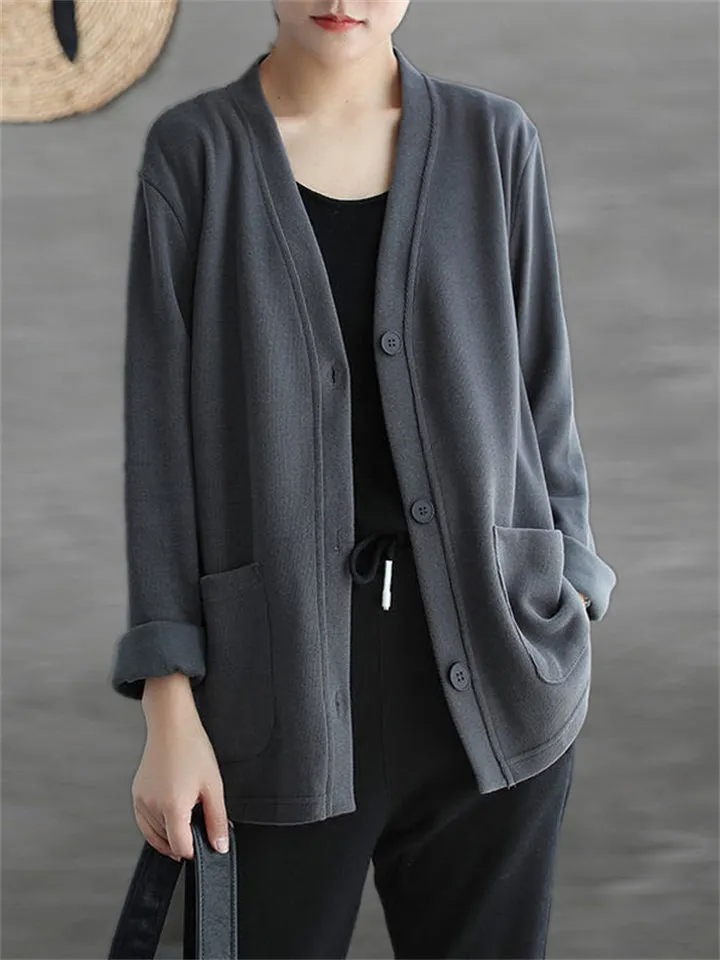 Solid Color V Neck Button Jackets For Lady