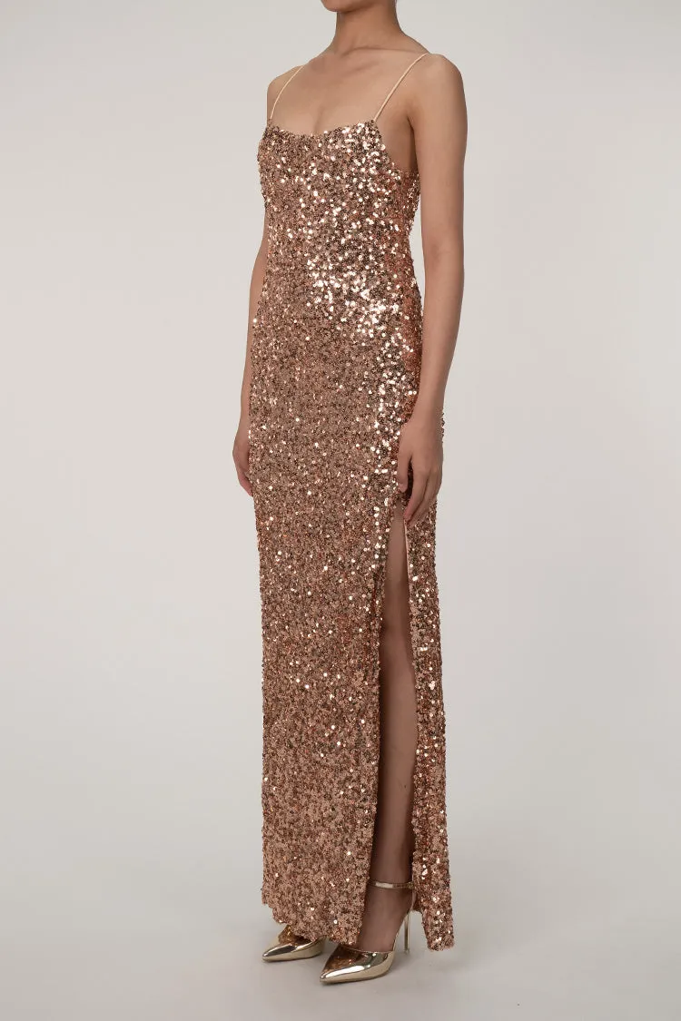 Sparkly Spaghetti Strap High Slit Sequin Maxi Dress - Bronze Gold