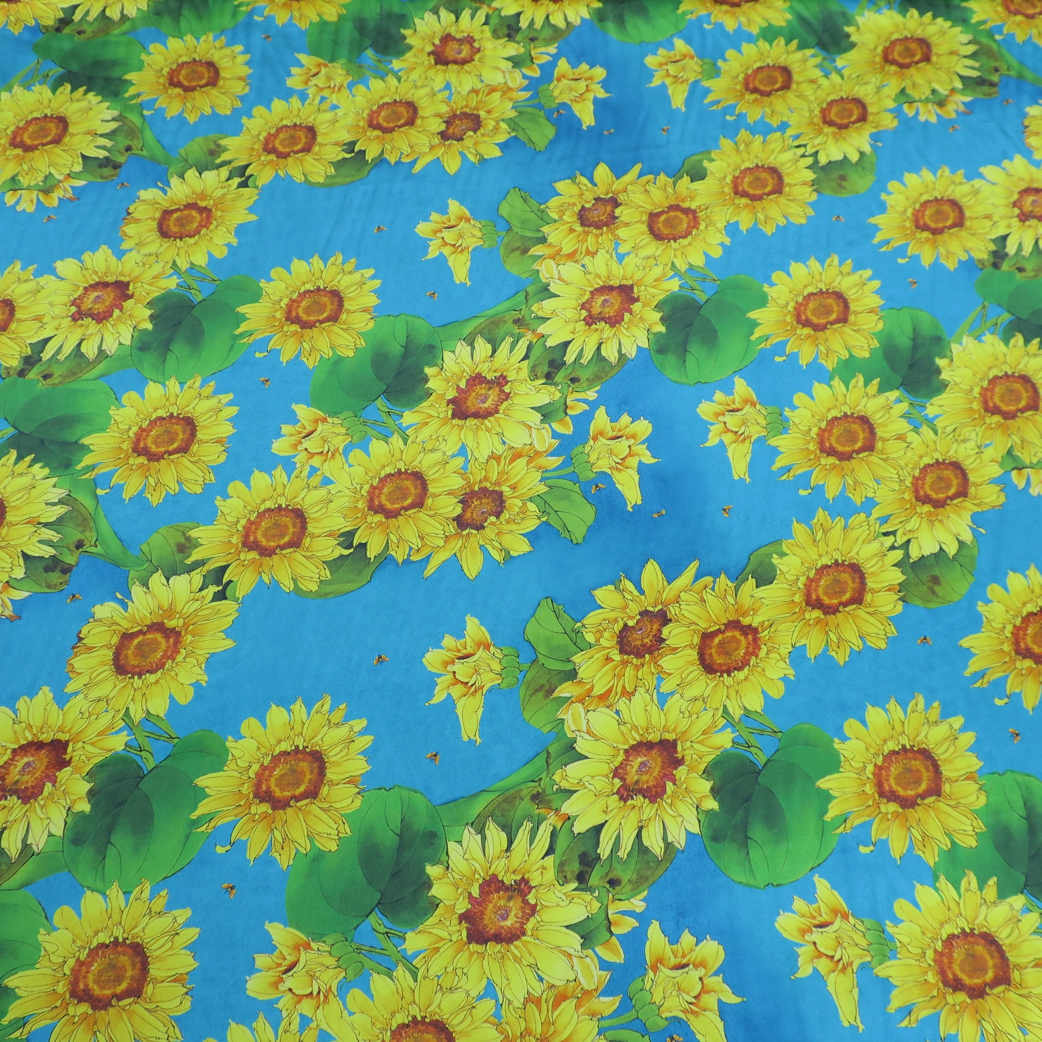 Sunflowers Teal Ground Printed  Silk Charmeuse