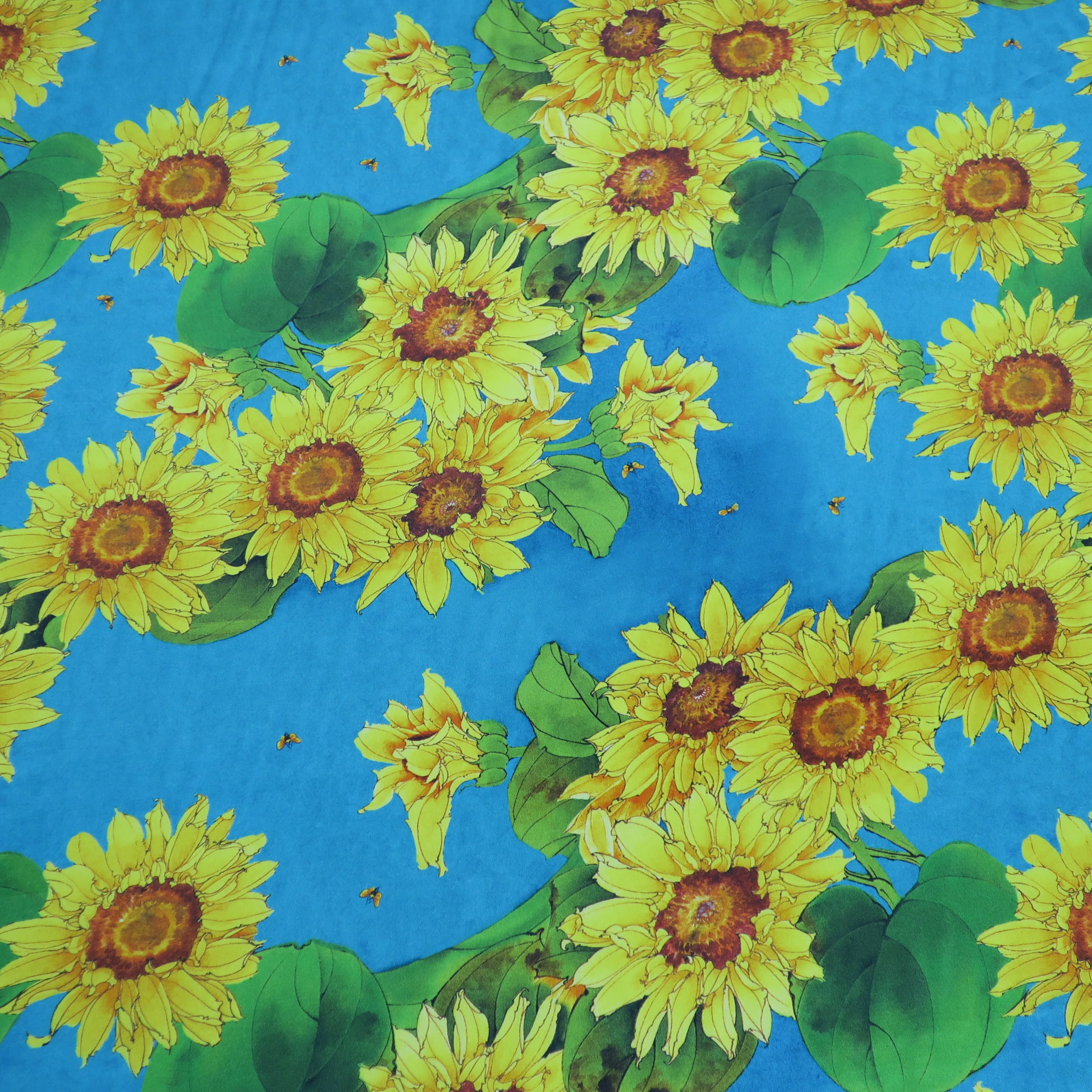 Sunflowers Teal Ground Printed  Silk Charmeuse